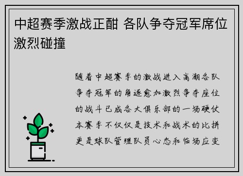 中超赛季激战正酣 各队争夺冠军席位激烈碰撞