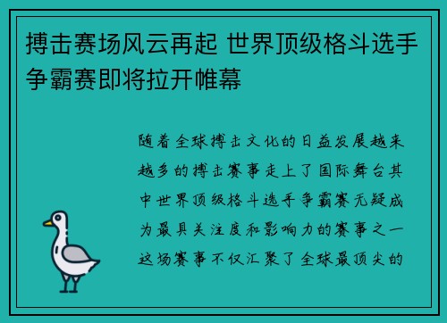 搏击赛场风云再起 世界顶级格斗选手争霸赛即将拉开帷幕