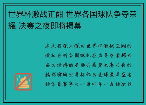 世界杯激战正酣 世界各国球队争夺荣耀 决赛之夜即将揭幕