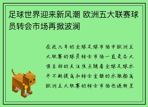 足球世界迎来新风潮 欧洲五大联赛球员转会市场再掀波澜