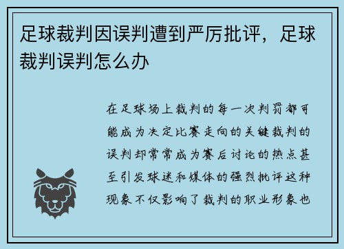 足球裁判因误判遭到严厉批评，足球裁判误判怎么办